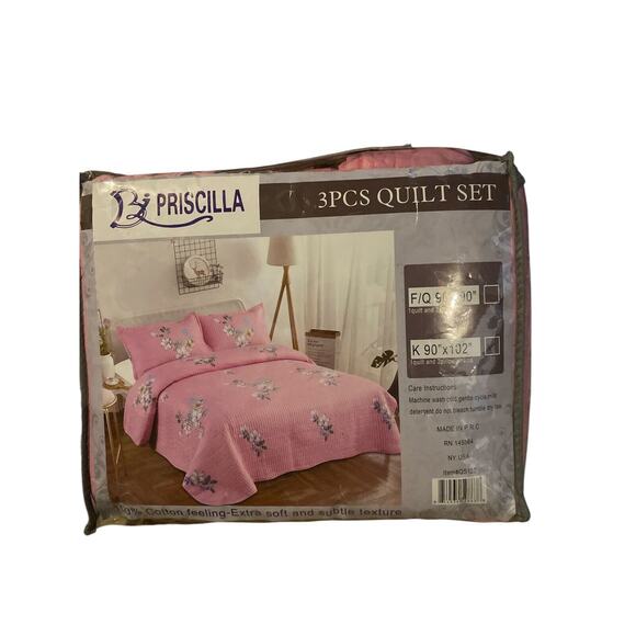 Priscilla 3 Piece King Quilt Set Cotton Soft 2 Pillow Shams 90" x 102" Pink/ Flo